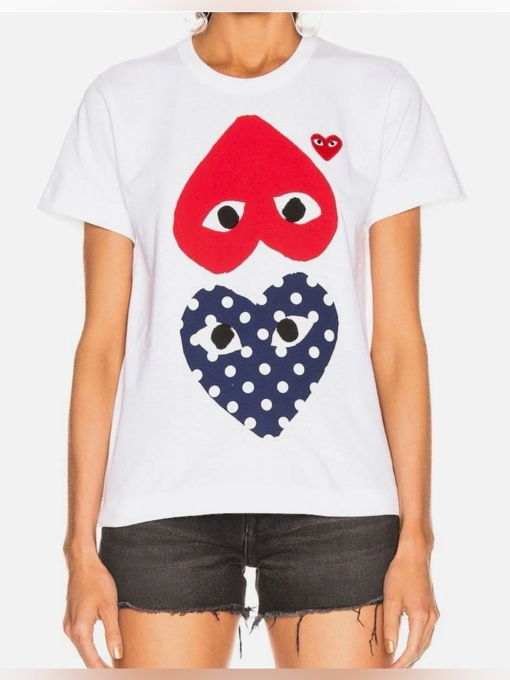 $103 NWT Comme Des Garçons PLAY Women's White Polka Dot Heart T-Shirt Top Size S
